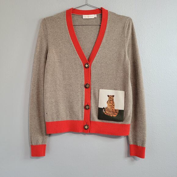 Tory Burch FLAWED Tiger Patch Cashmere Cardigan Sweater Size XS Brown, Red - Picture 1 of 10